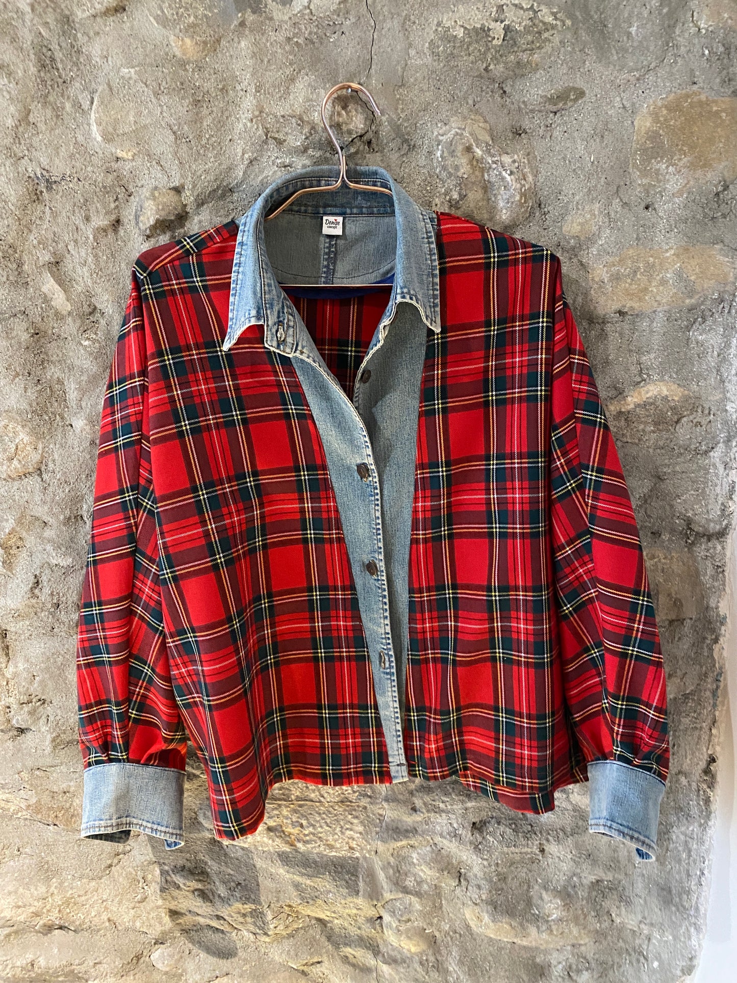 Chemise Tartan rouge col en jeans